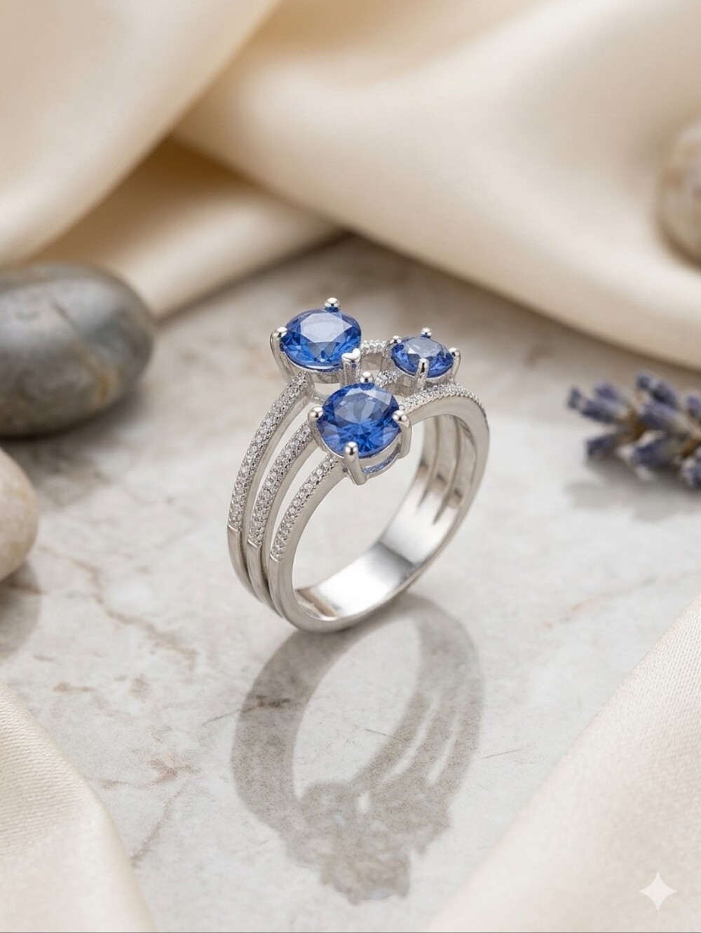 Three-Stone NWT Blue Sapphire Trio Ring in 925 Sterling Silver, Size 7
